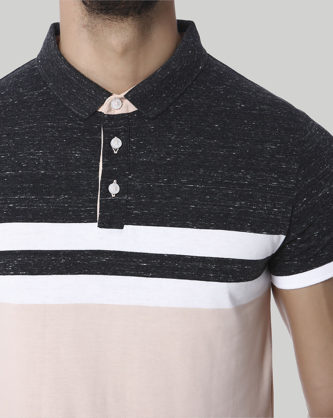 Light Peach Colour Blocked Striped Polo T-Shirt