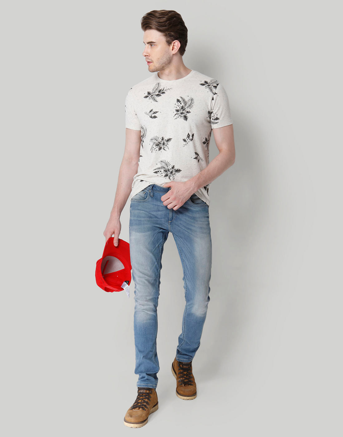 White Leaf Print Crew Neck T-Shirt