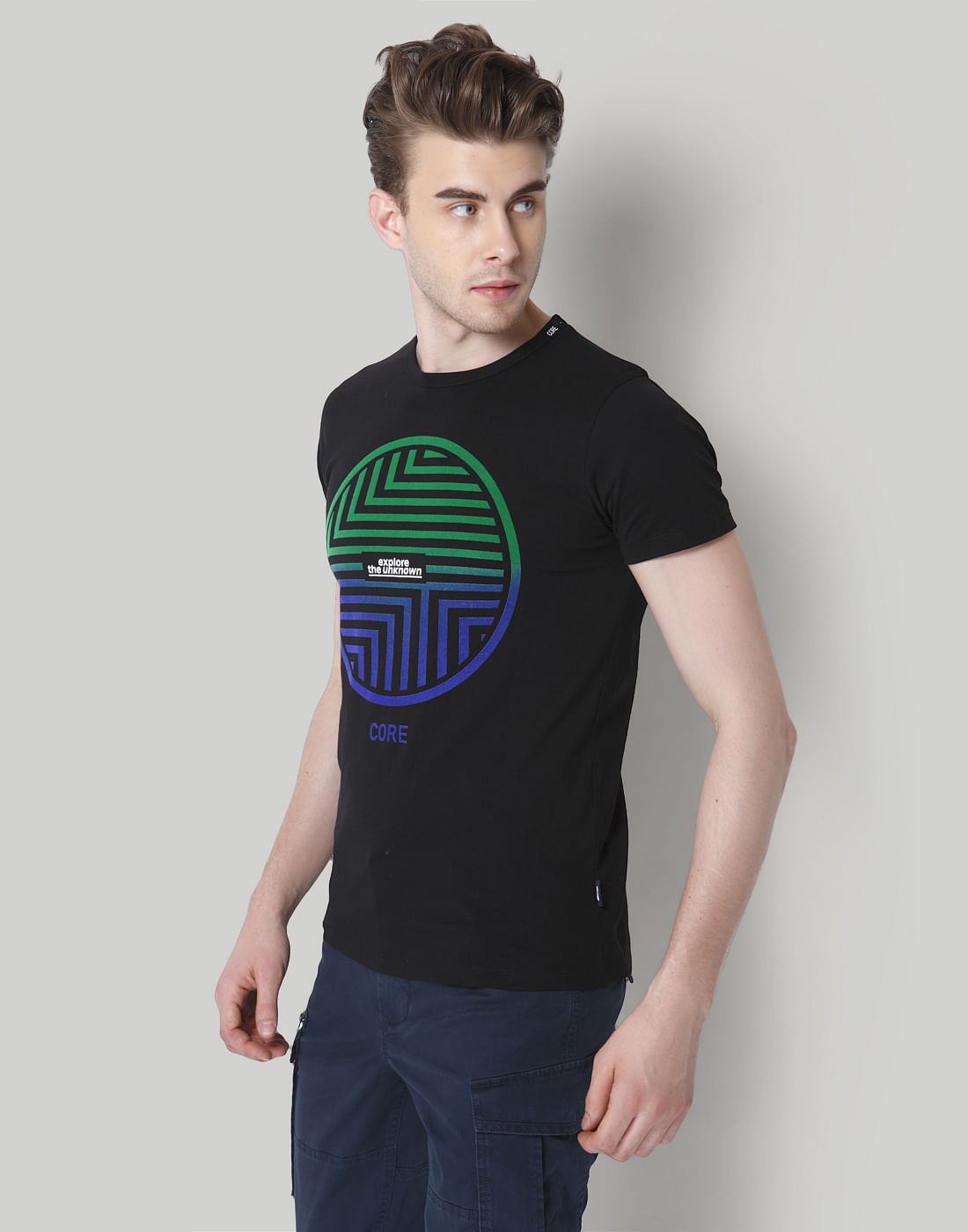 Black Placement Print Crew Neck T-Shirt
