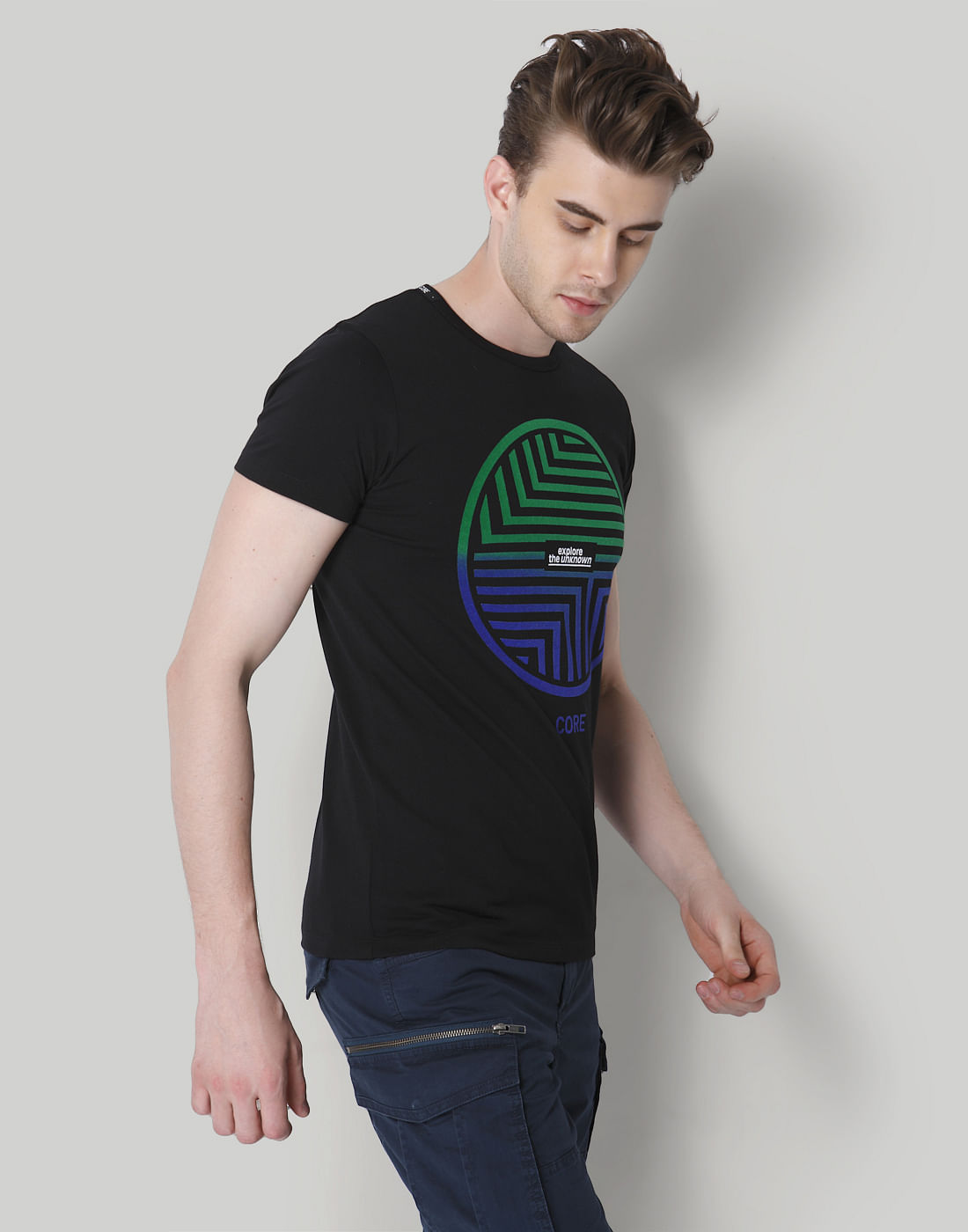 Black Placement Print Crew Neck T-Shirt