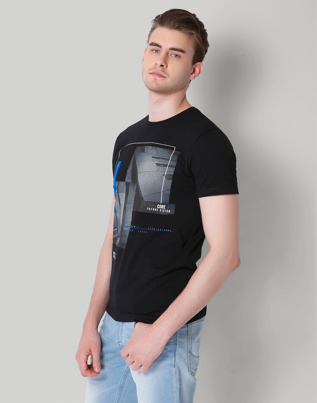 Black Placement Print Crew Neck T-Shirt