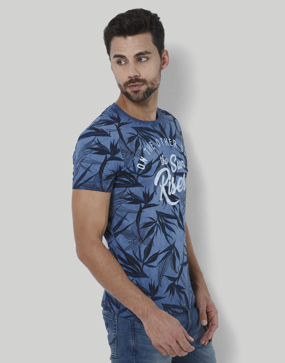Blue Tropical Print Crew Neck T-Shirt