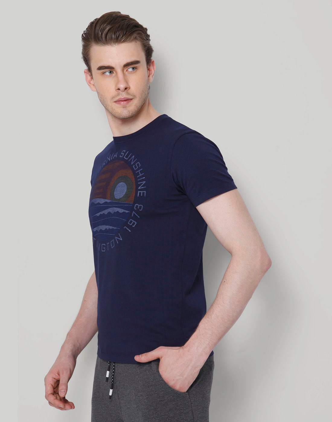 Dark Blue Text Print Crew Neck T-Shirt