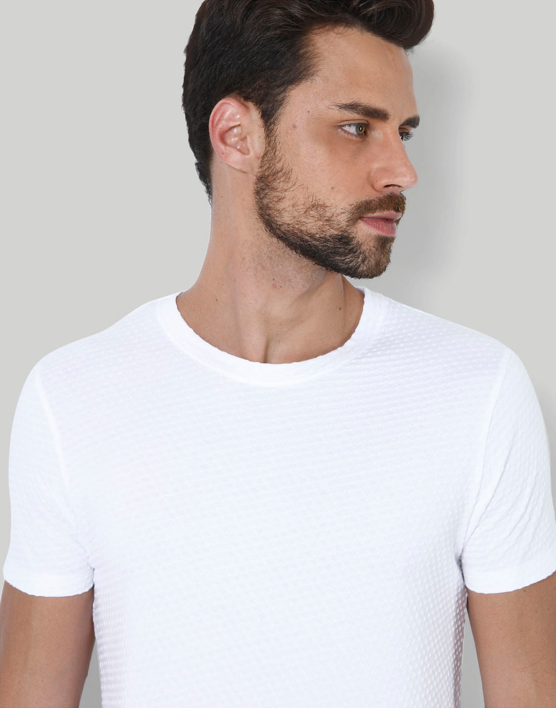 White Self Design Crew Neck T-Shirt