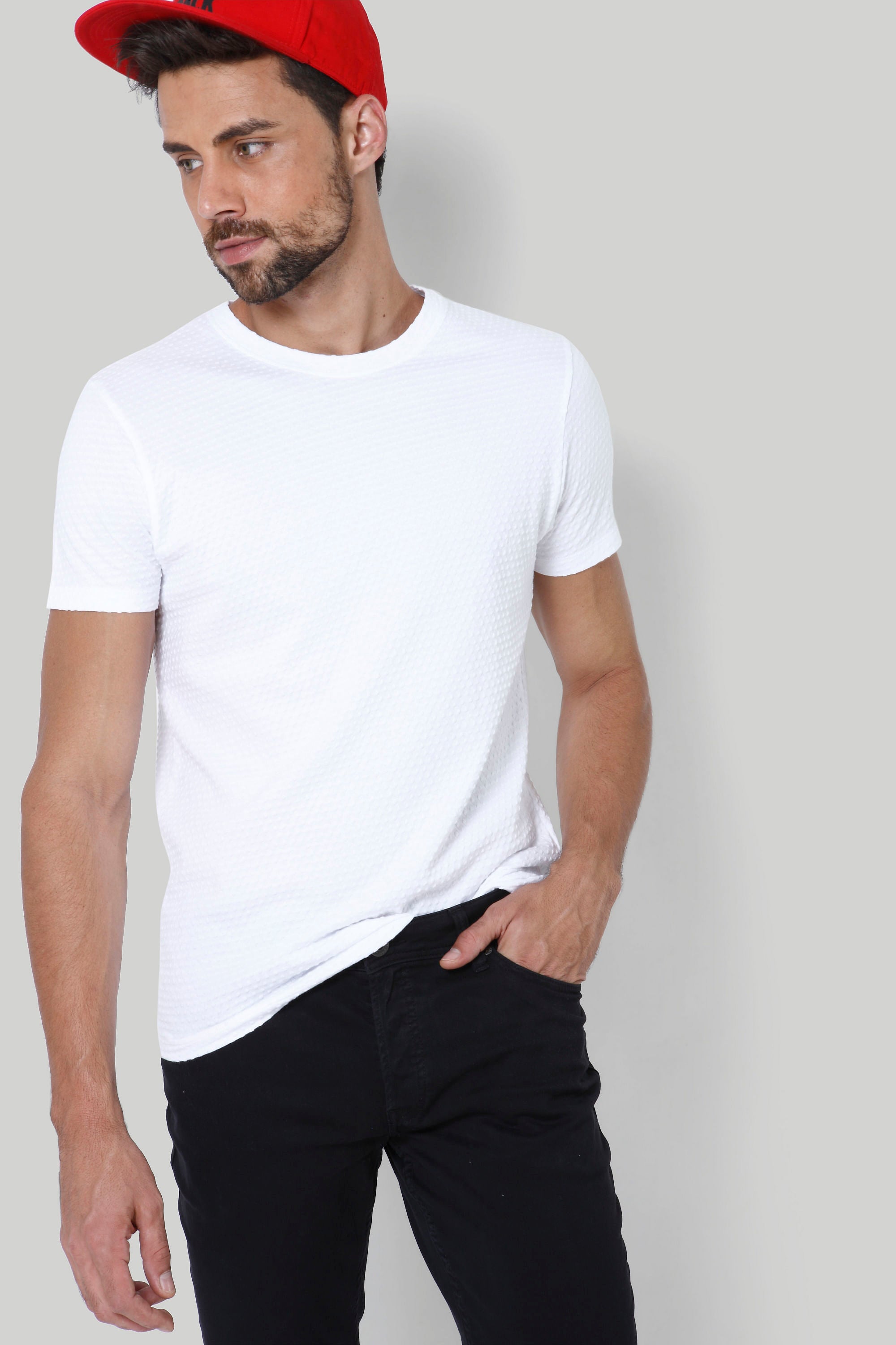 White Self Design Crew Neck T-Shirt