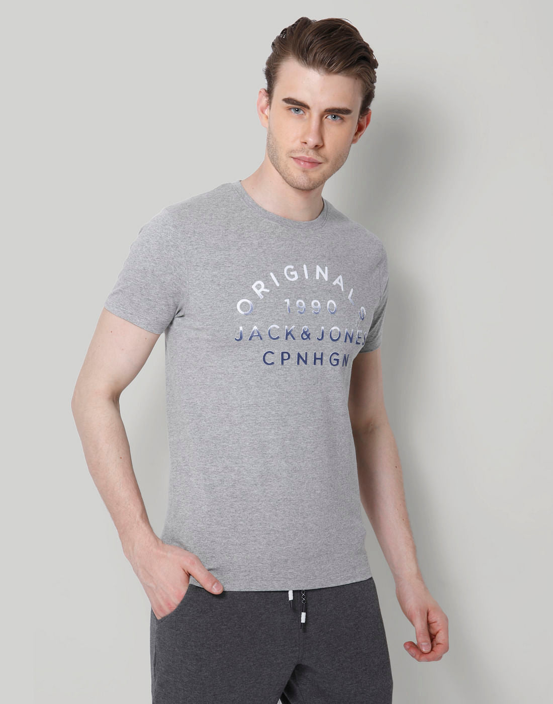 Grey Text Print Crew Neck T-Shirt