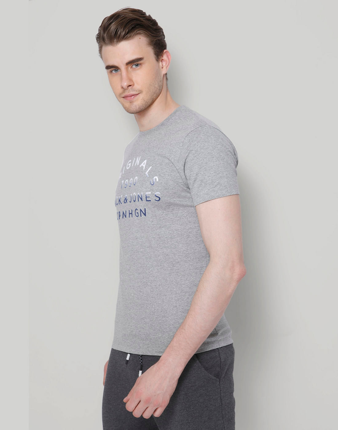 Grey Text Print Crew Neck T-Shirt