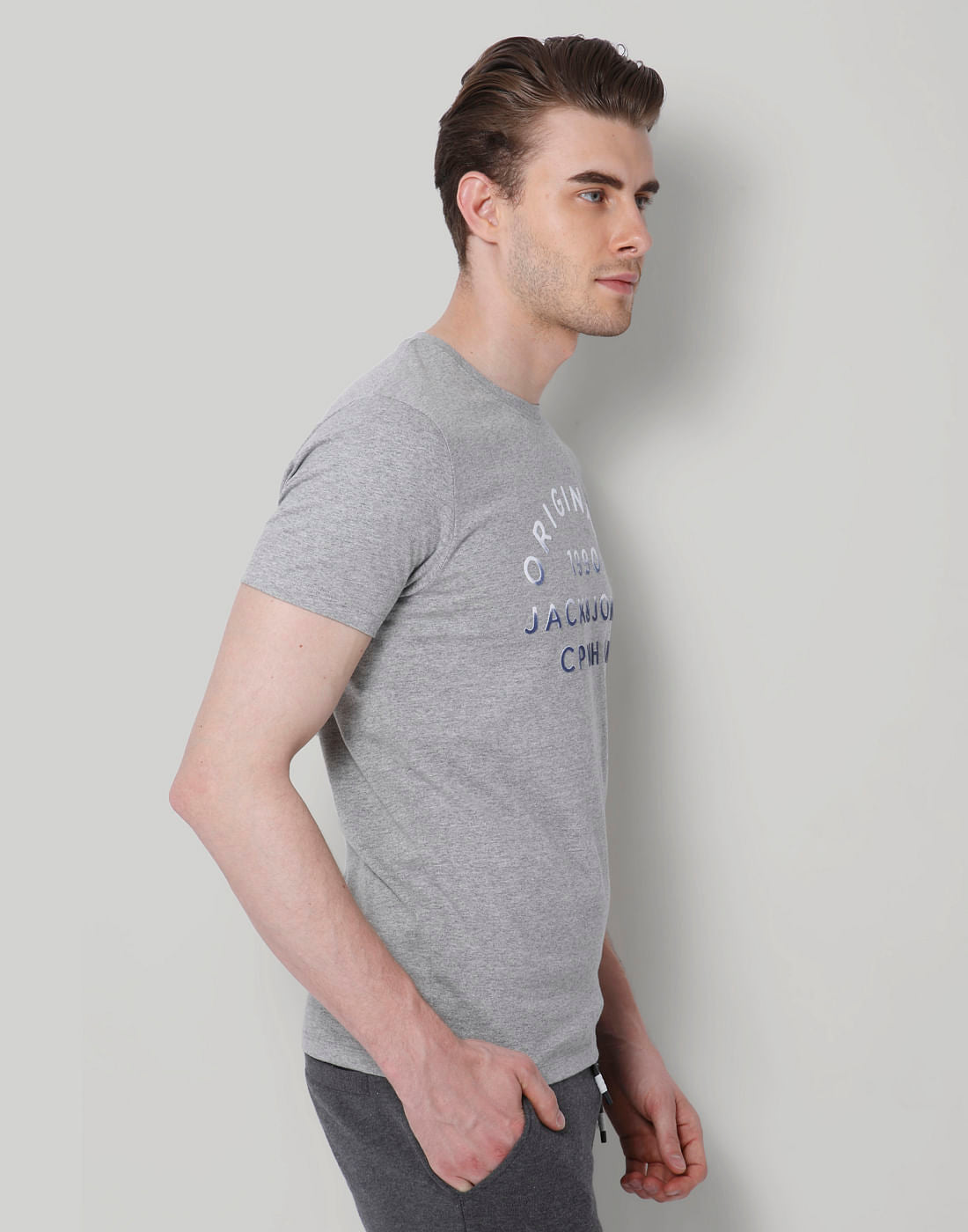 Grey Text Print Crew Neck T-Shirt