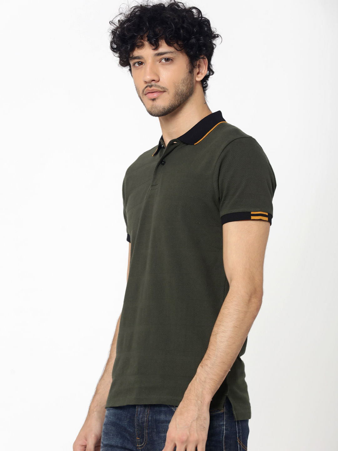 Olive Green Contrast Collar Jacquard Polo T-Shirt