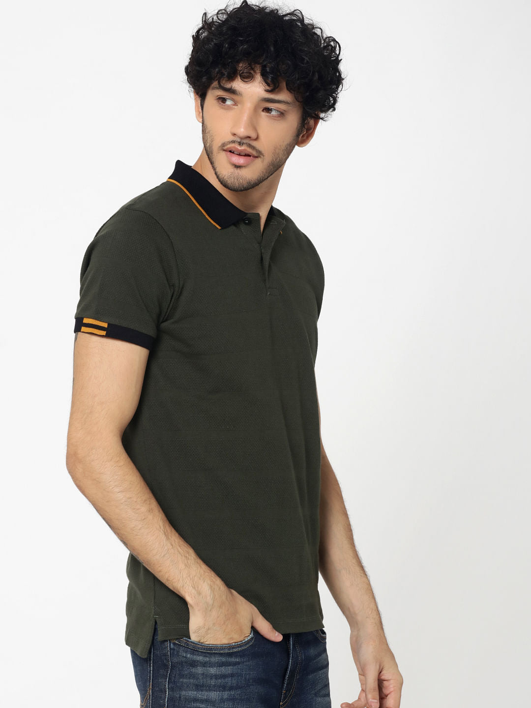 Olive Green Contrast Collar Jacquard Polo T-Shirt