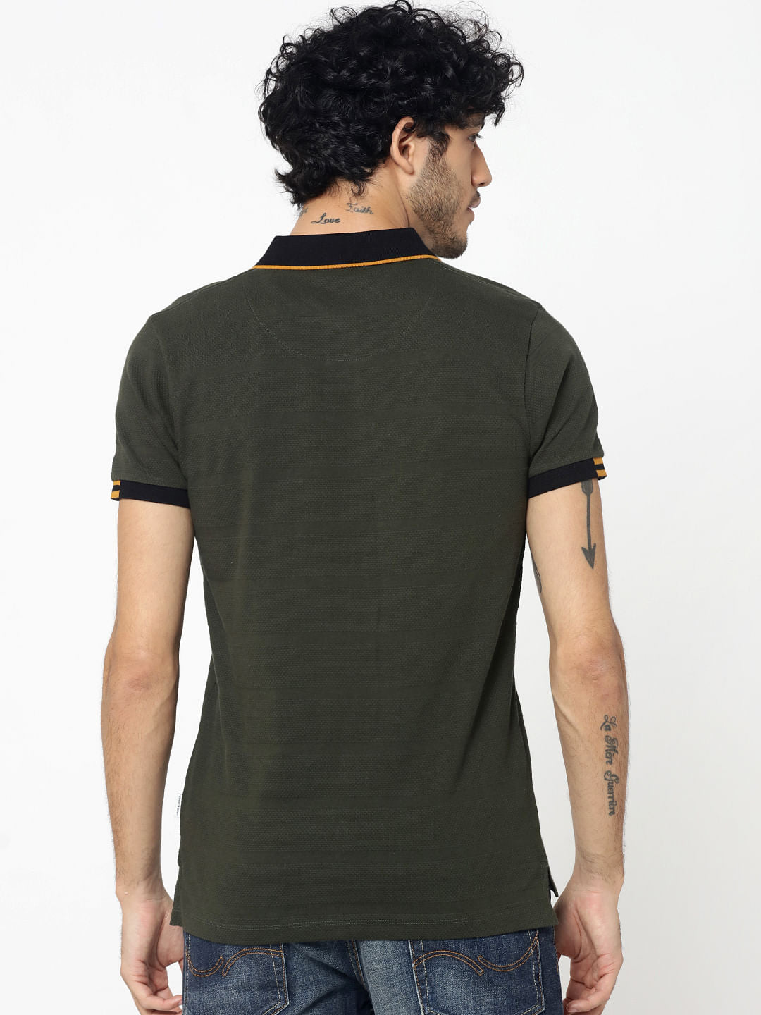Olive Green Contrast Collar Jacquard Polo T-Shirt