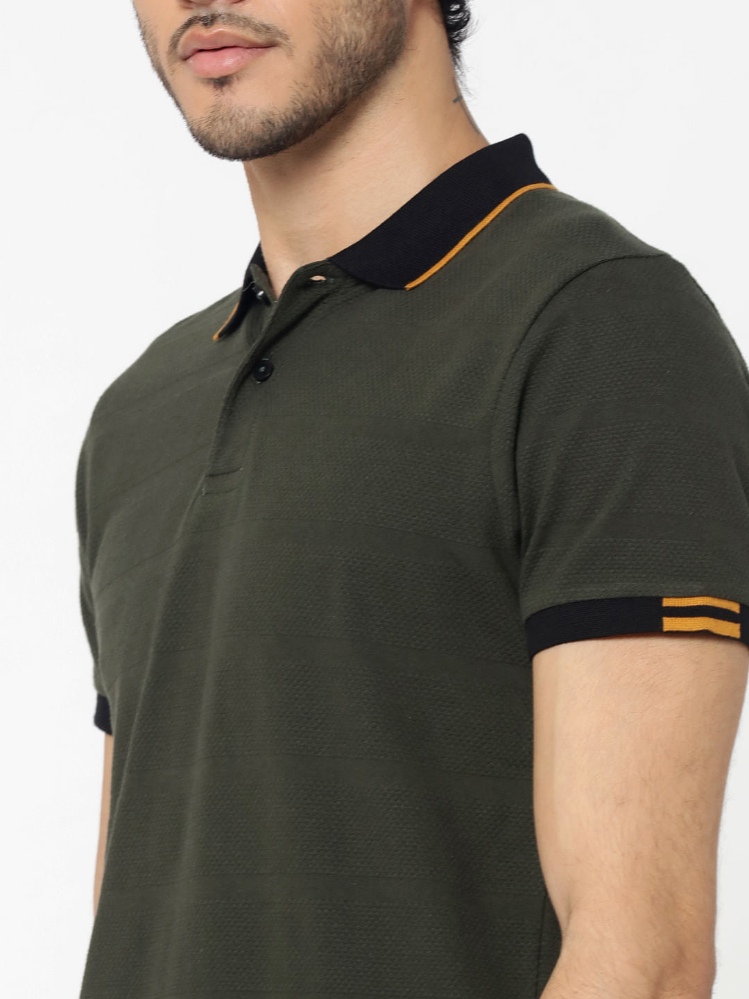 Olive Green Contrast Collar Jacquard Polo T-Shirt