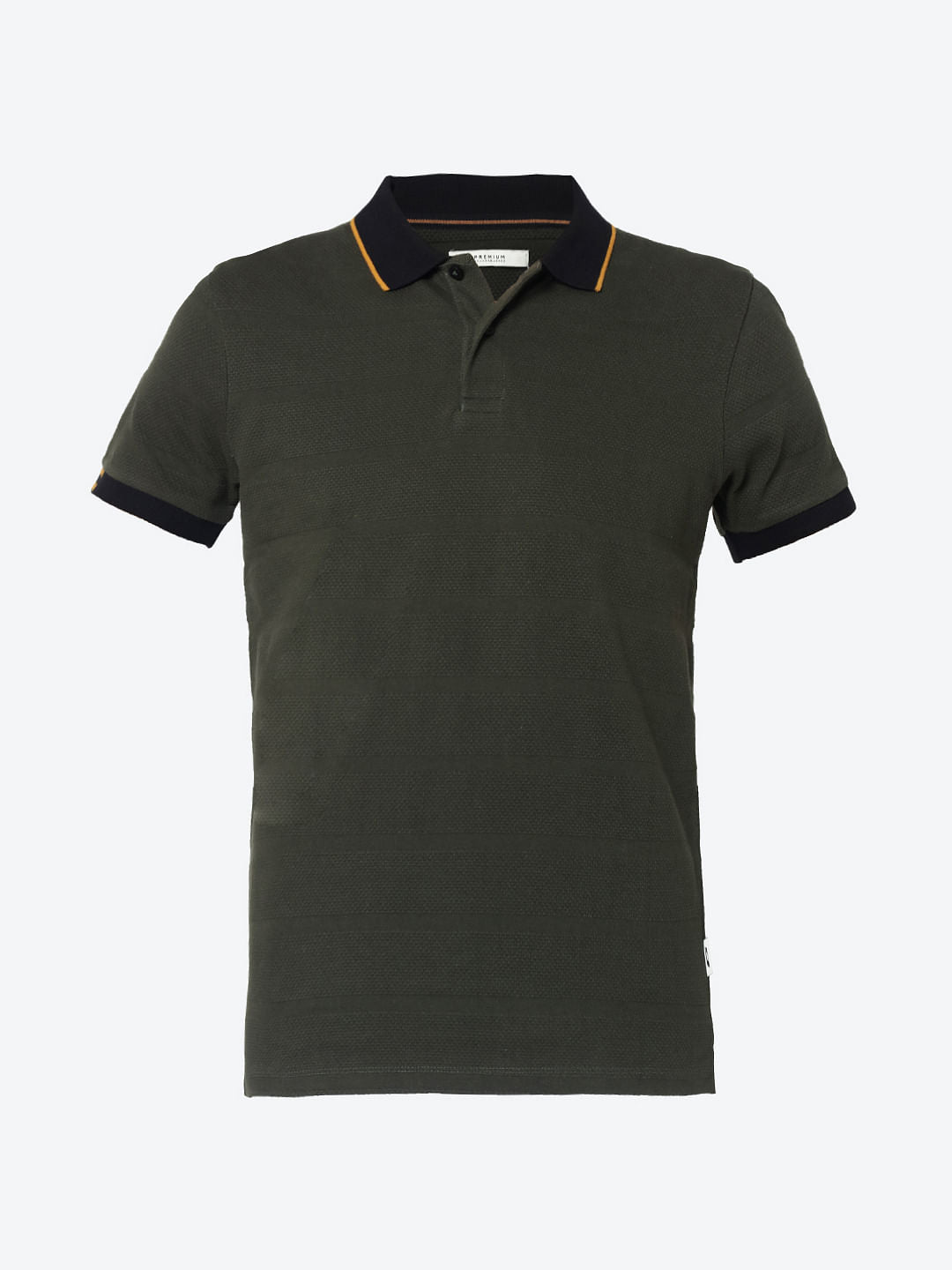 Olive Green Contrast Collar Jacquard Polo T-Shirt