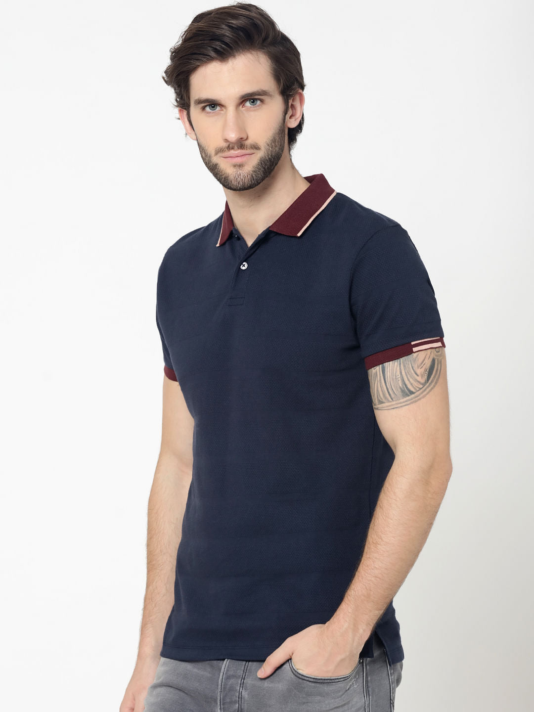 Dark Blue Contrast Collar Jacquard Polo T-Shirt