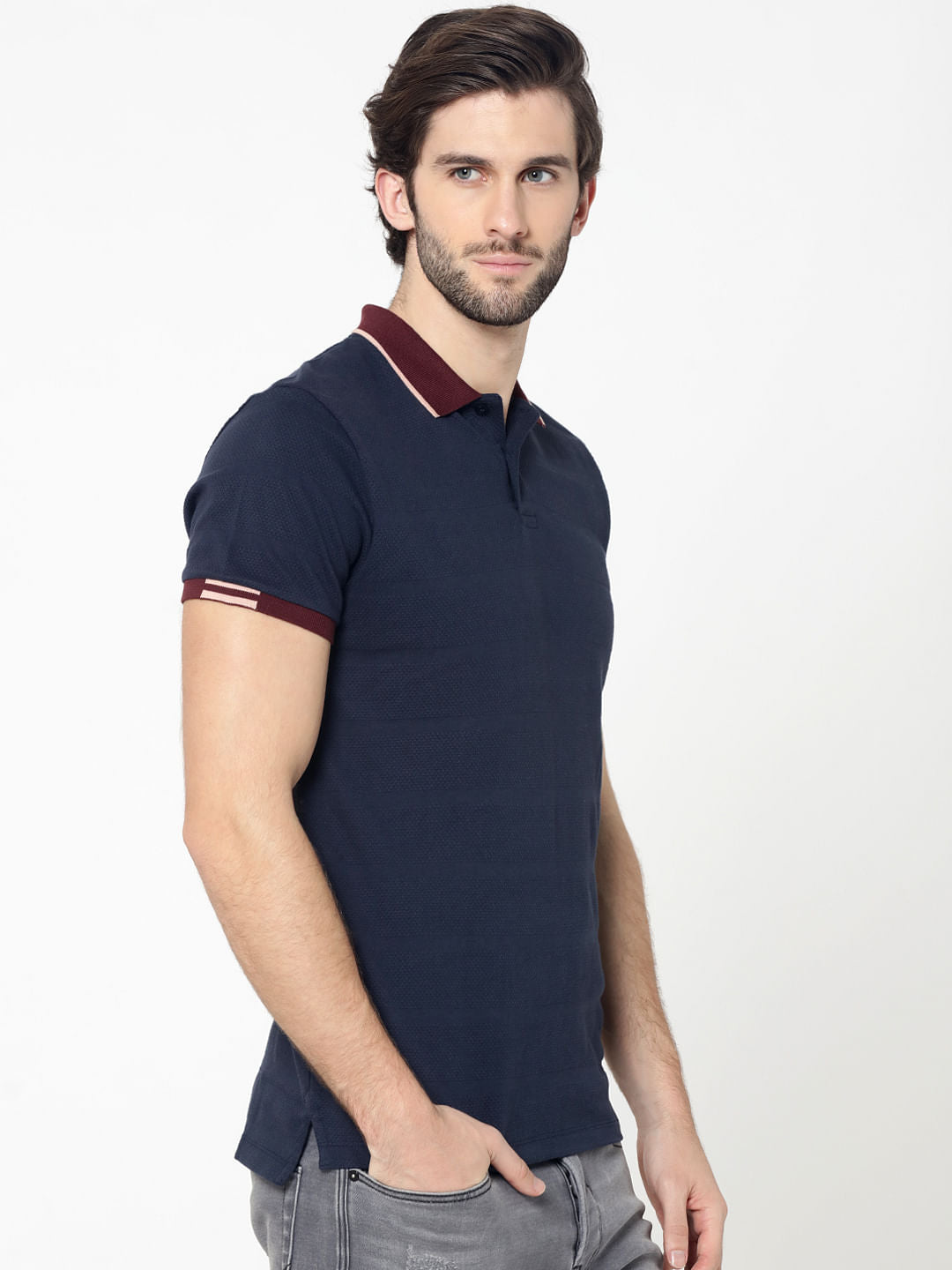 Dark Blue Contrast Collar Jacquard Polo T-Shirt