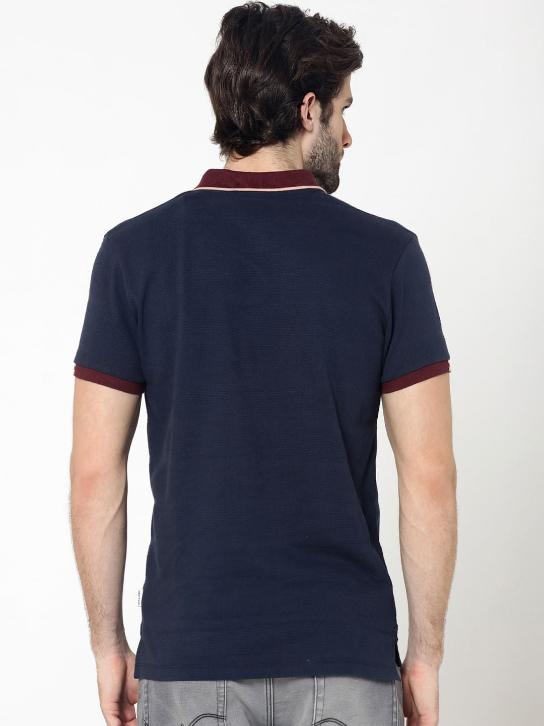 Dark Blue Contrast Collar Jacquard Polo T-Shirt