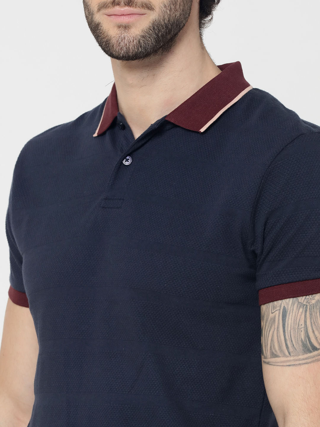 Dark Blue Contrast Collar Jacquard Polo T-Shirt