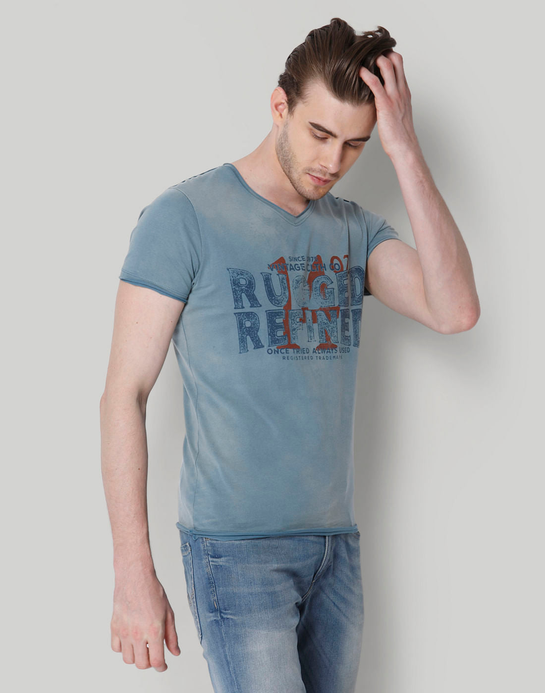 Turquoise Graphic Printed V-Neck T-Shirt