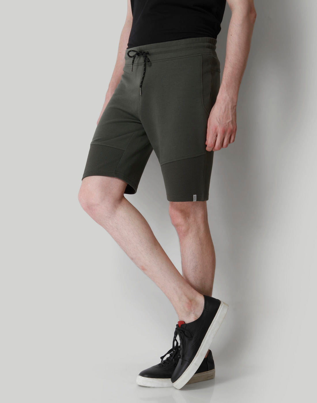 Olive Green Mesh Detail Sweatshorts