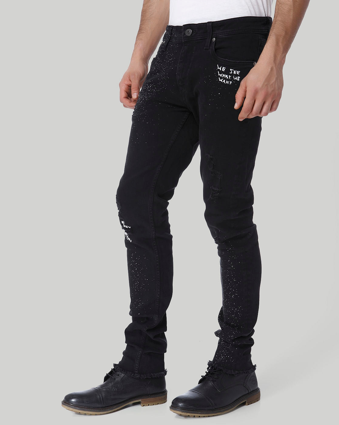 Black Text Print Low Rise Skinny Fit Jeans