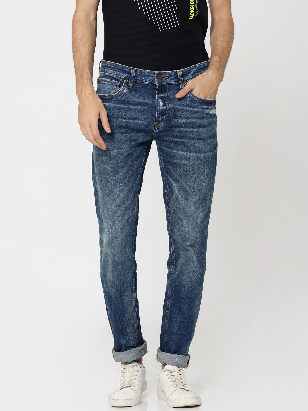 Dark Blue Mildly Distressed Tim Anti Fit Jeans
