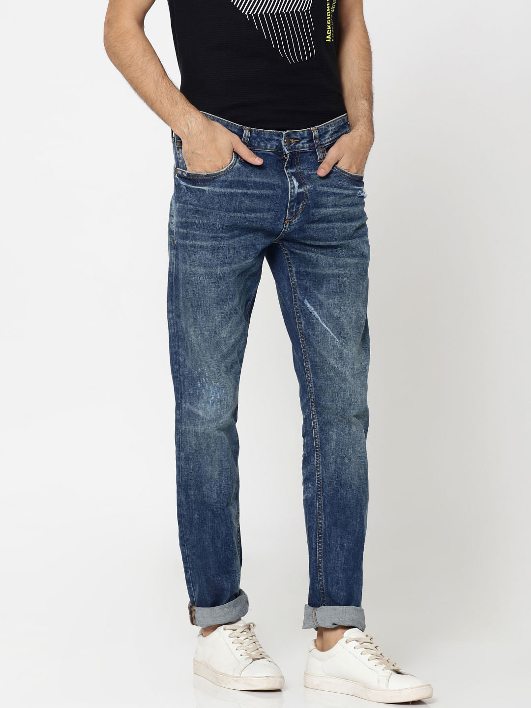 Dark Blue Mildly Distressed Tim Anti Fit Jeans
