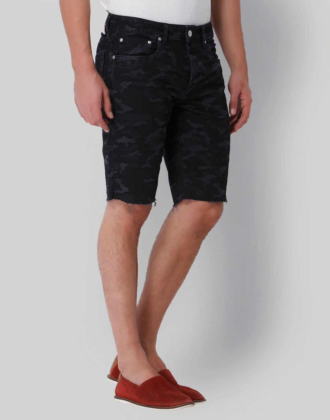 Dark Blue Camo Print Mid Rise Shorts