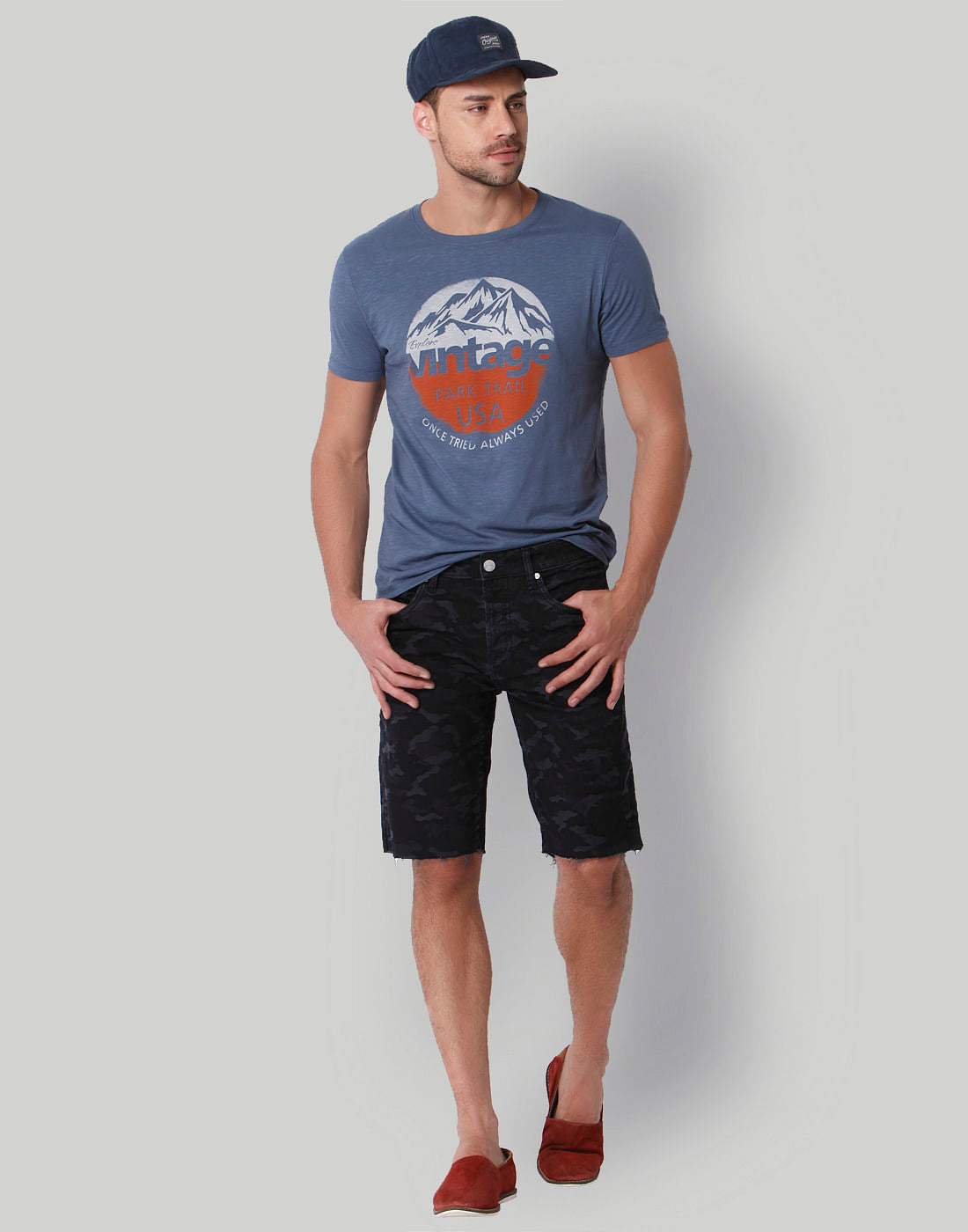 Dark Blue Camo Print Mid Rise Shorts
