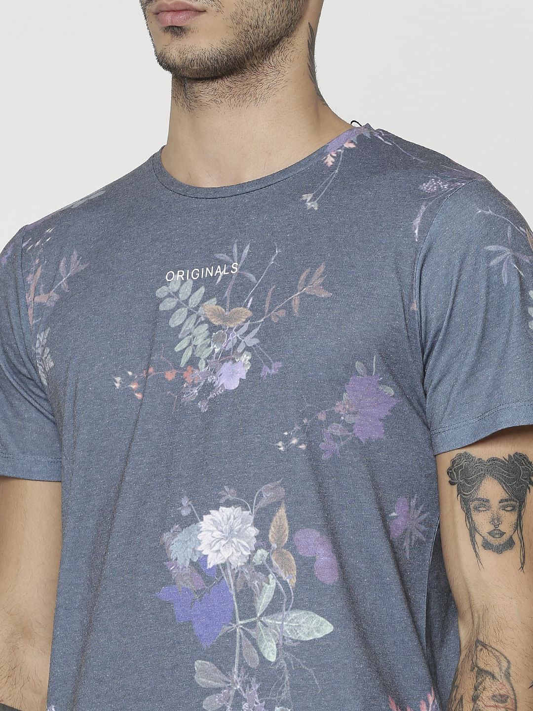 Green Floral Print Slim Fit Crew Neck T-Shirt