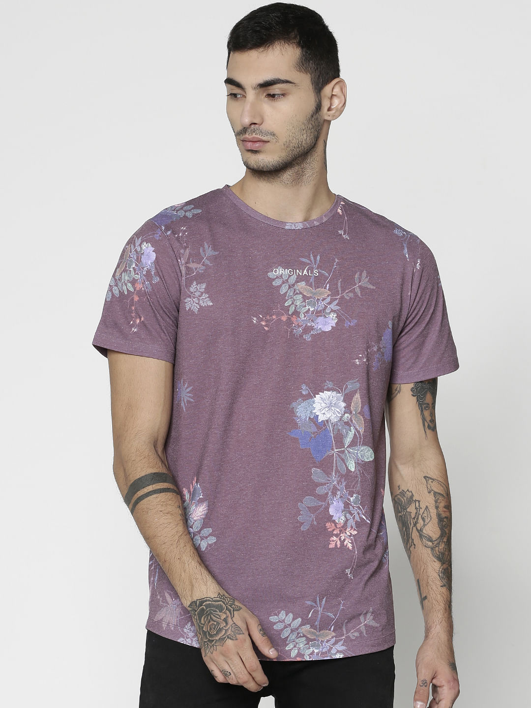 Red Floral Print Slim Fit Crew Neck T-Shirt
