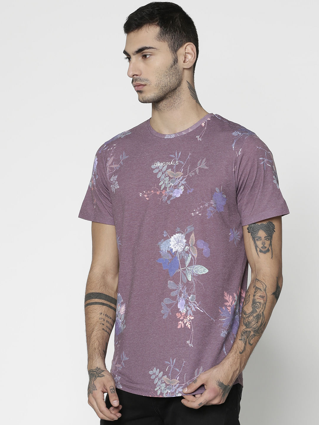 Red Floral Print Slim Fit Crew Neck T-Shirt