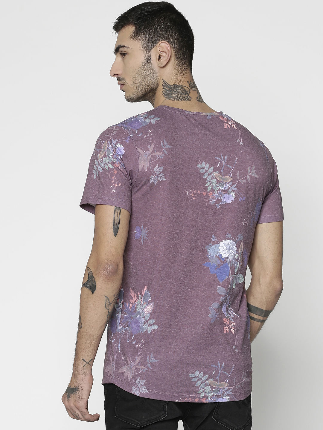 Red Floral Print Slim Fit Crew Neck T-Shirt