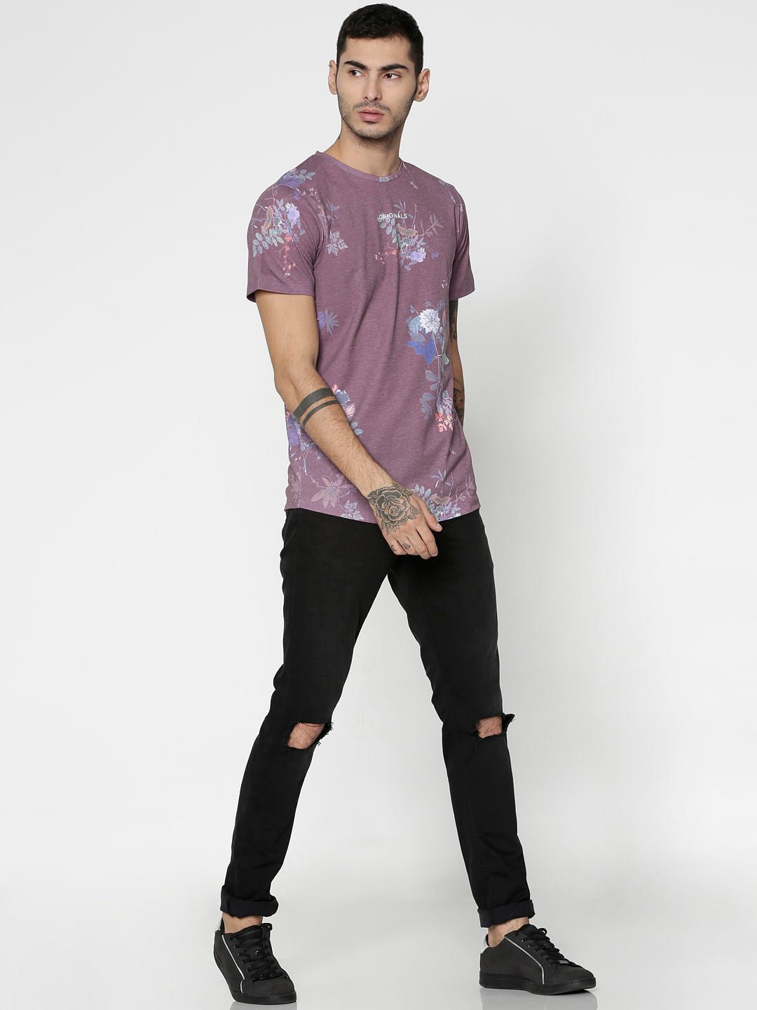 Red Floral Print Slim Fit Crew Neck T-Shirt
