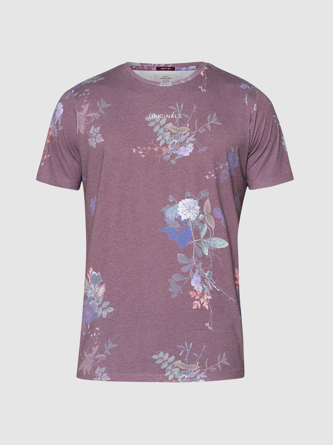 Red Floral Print Slim Fit Crew Neck T-Shirt