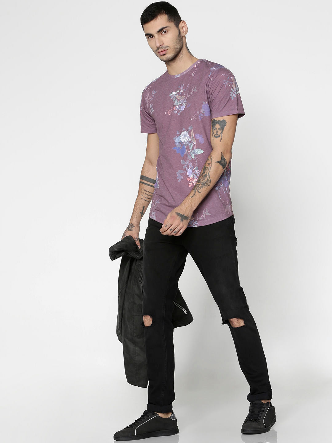 Red Floral Print Slim Fit Crew Neck T-Shirt