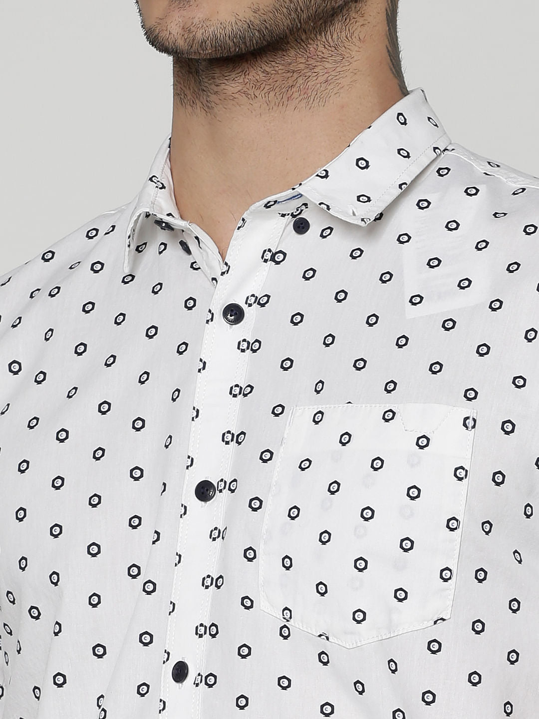 White All Over Dotted Print Slim Fit Short Sleeves Shirt
