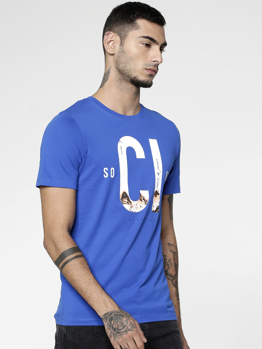 Blue Text Print Slim Fit Crew Neck T-Shirt