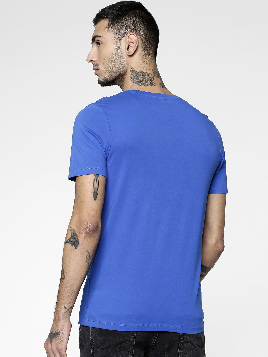 Blue Text Print Slim Fit Crew Neck T-Shirt