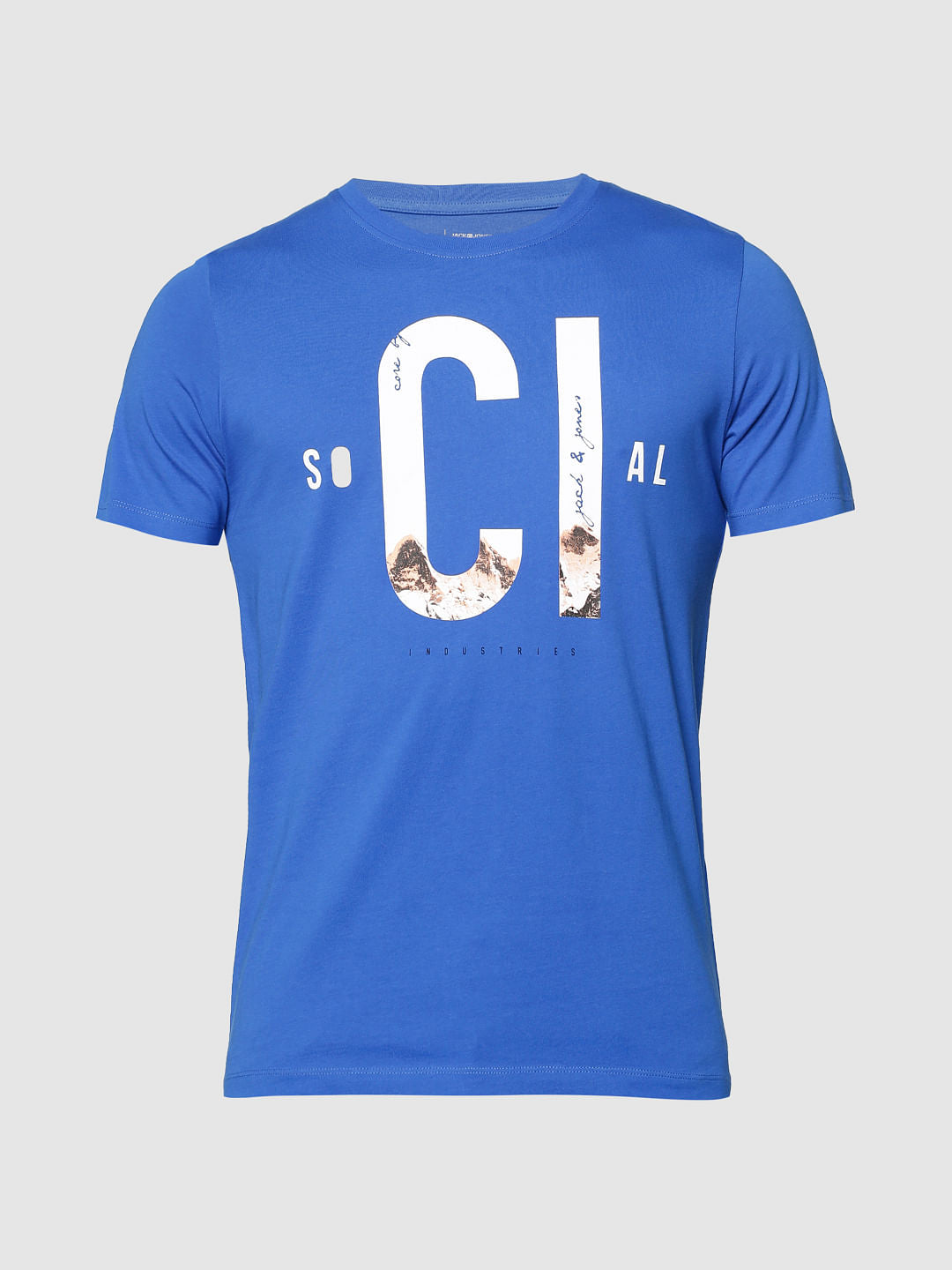Blue Text Print Slim Fit Crew Neck T-Shirt