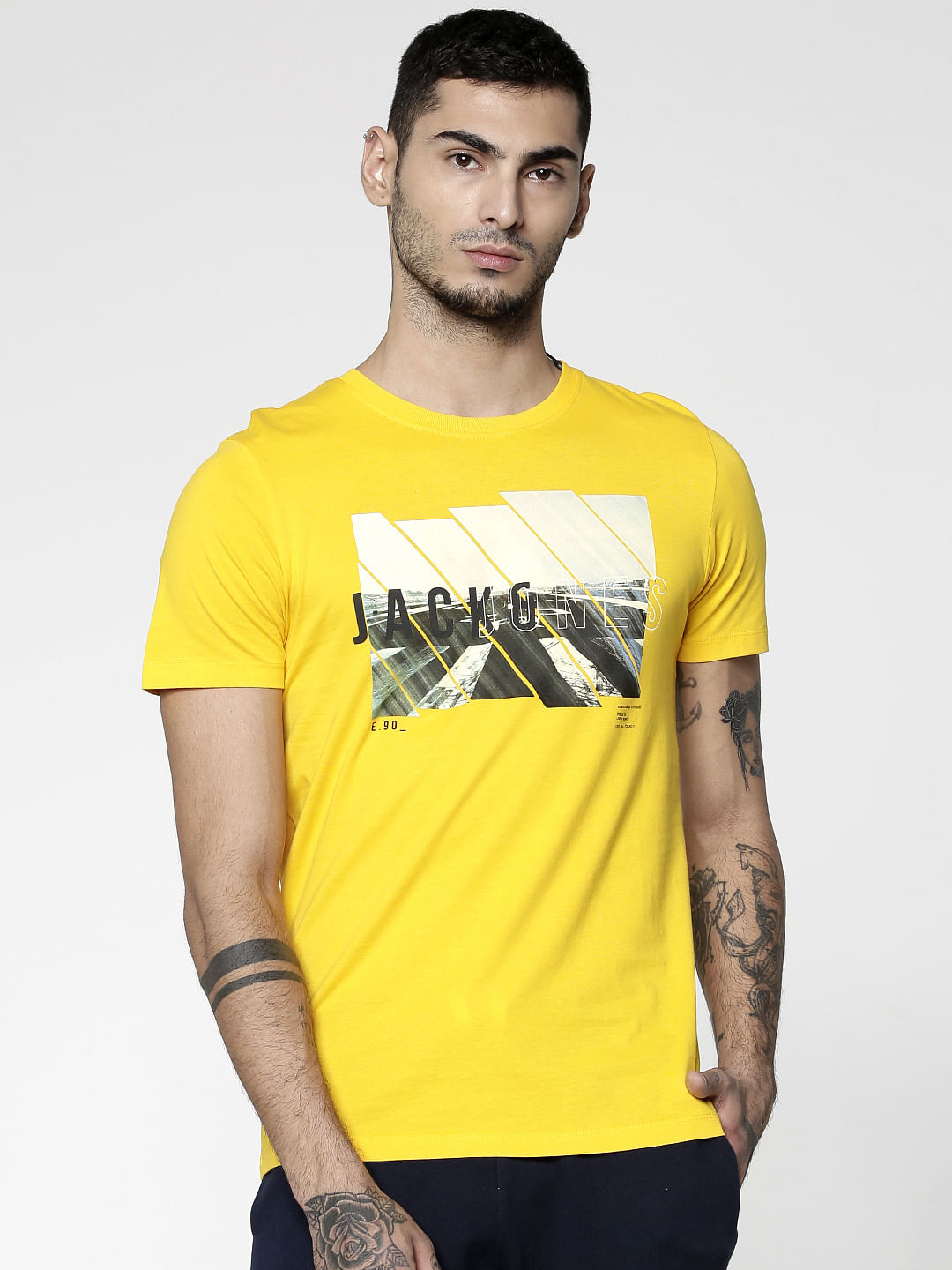 Yellow Graphic Print Slim Fit Crew Neck T-Shirt