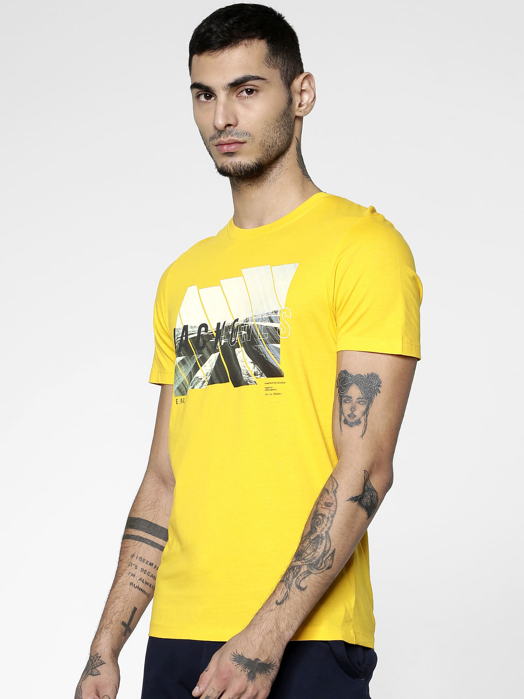 Yellow Graphic Print Slim Fit Crew Neck T-Shirt