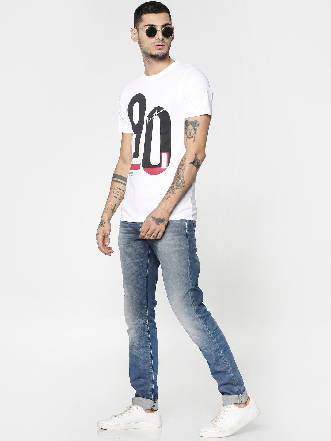 White Typographic Print Slim Fit Crew Neck T-Shirt