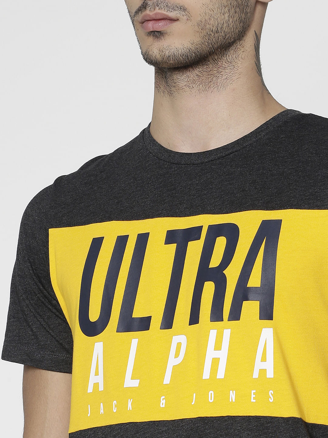 Black Text Print Slim Fit Crew Neck T-Shirt
