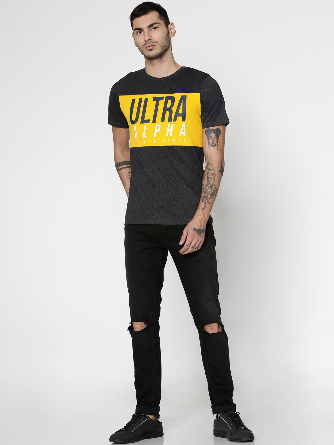 Black Text Print Slim Fit Crew Neck T-Shirt