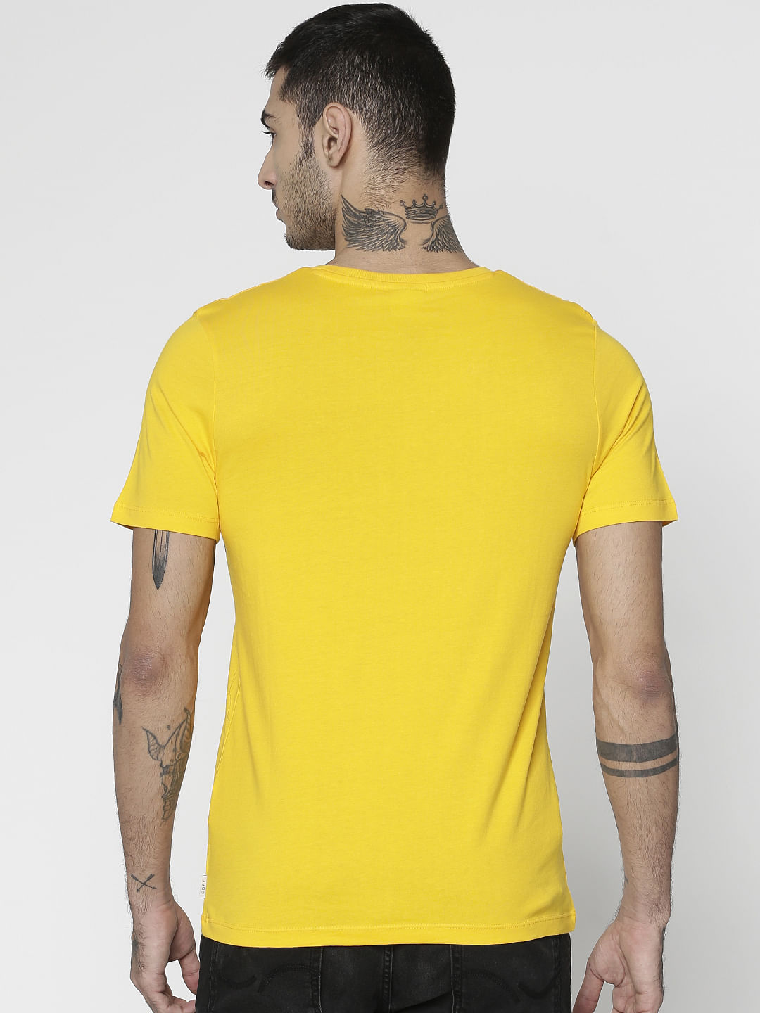 Yellow Text Print Slim Fit Crew Neck T-Shirt