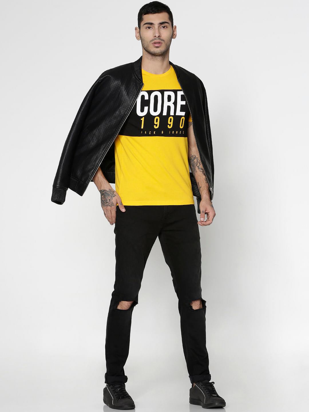 Yellow Text Print Slim Fit Crew Neck T-Shirt
