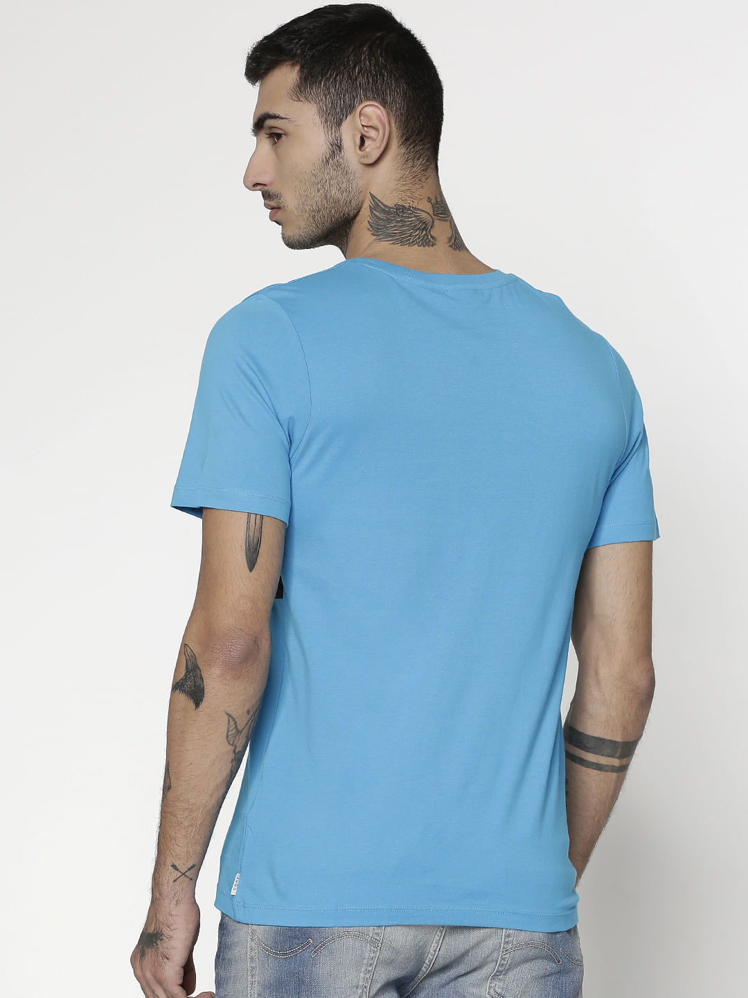 Blue Text Print Slim Fit Crew Neck T-Shirt