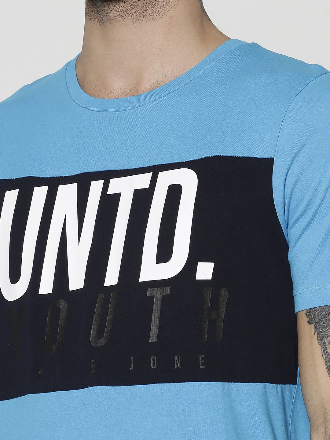 Blue Text Print Slim Fit Crew Neck T-Shirt