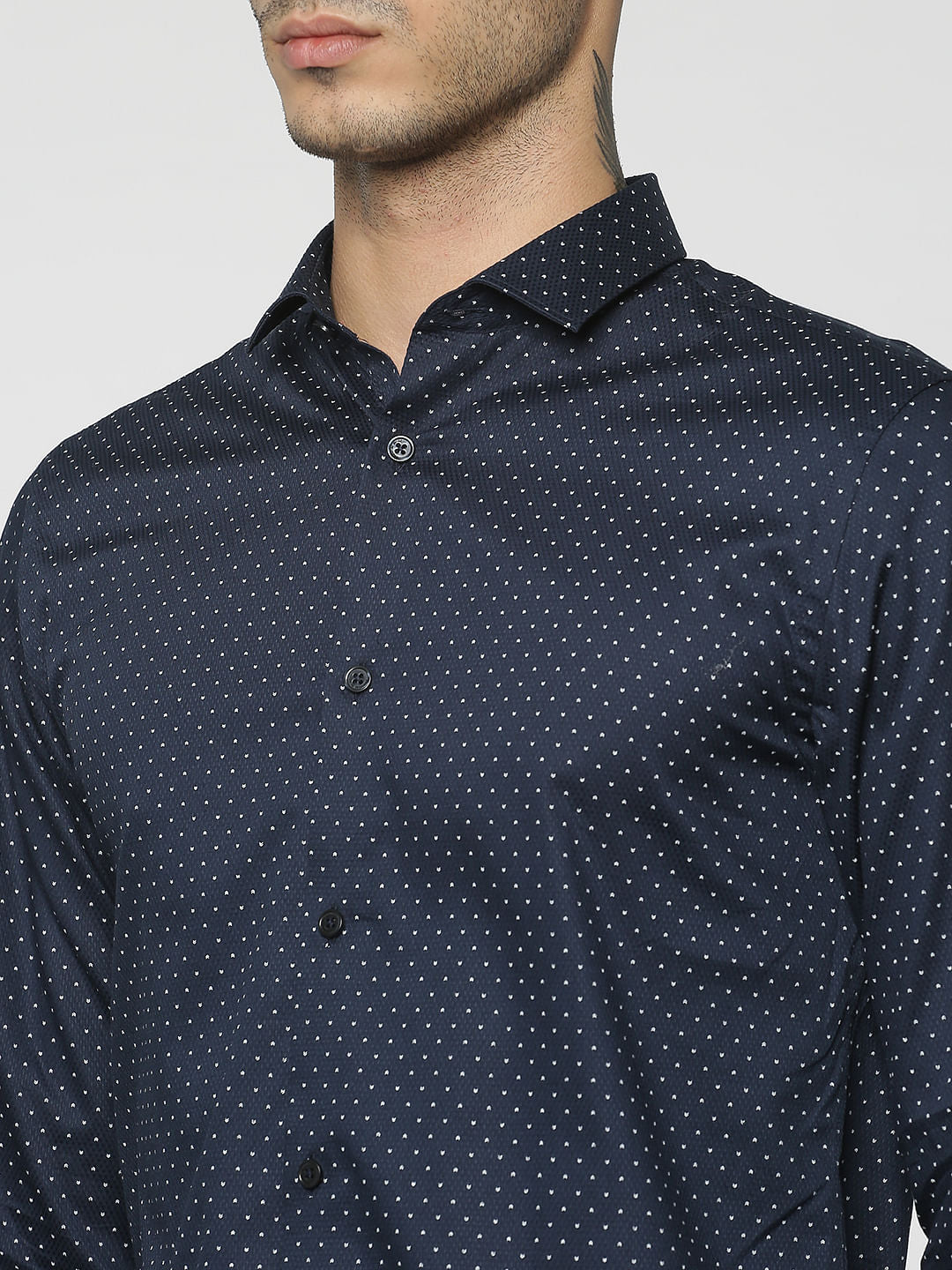 Blue All Over Dotted Print Slim Fit Full Sleeves Shirt