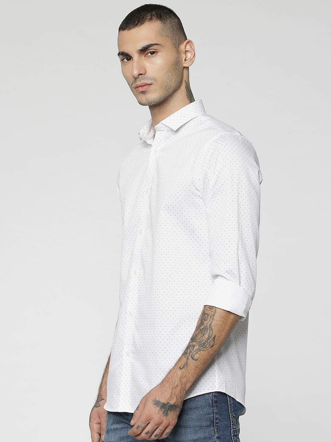 White All Over Dotted Print Slim Fit Full Sleeves Shirt
